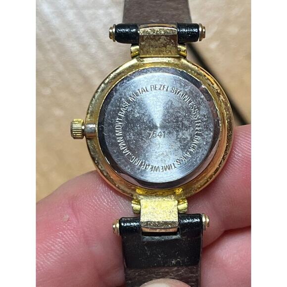 Women's GITANO Gold Tone Abalone Shell Dial Watch, Black Band. Roman numerals - Picture 3 of 9